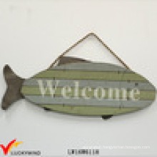 Fish "Welcome" Vintage Hanging Antique Painted Wood Sign